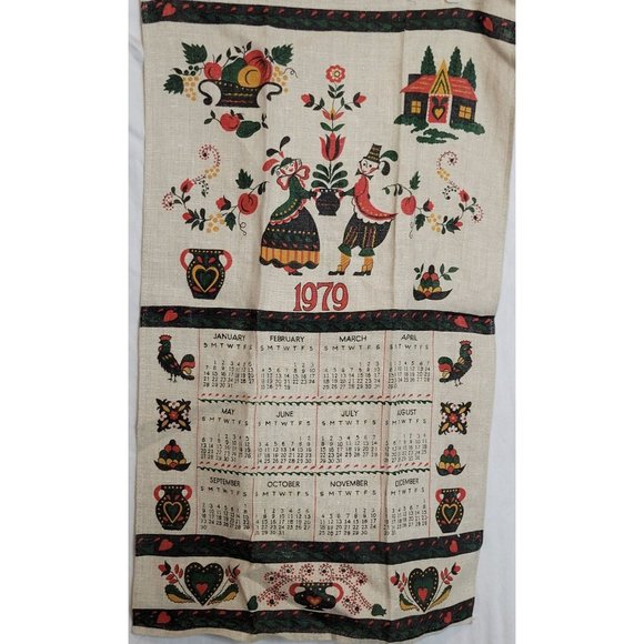 Vintage Calendar Dish Towel Lot Linen Printed Assorted Years Floral 25x15 Inches - Picture 5 of 16